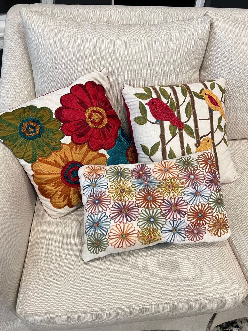 Pier 1 Embroidered Flowers Daisy Lumbar Bird Throw Pillows Set Of 3